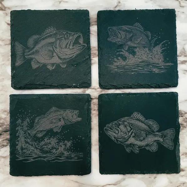 Bass fish designs engraved on slate coasters