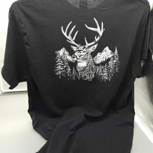 Deer with mountains vinyl cut on black t-shirt