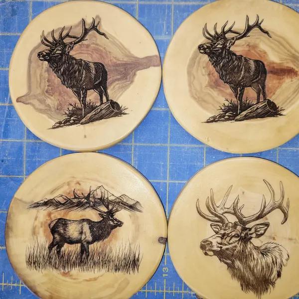 Elk designs burned on wood coasters set