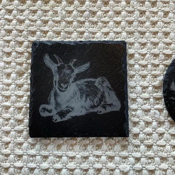 Baby goat engraved on slate coaster