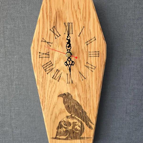Raven and skull coffin-shaped wood clock