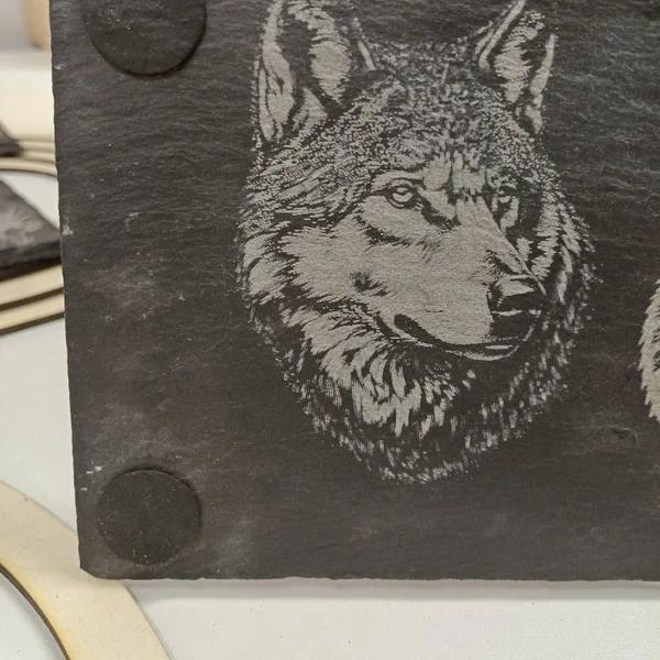 Wolf portrait engraved on slate board
