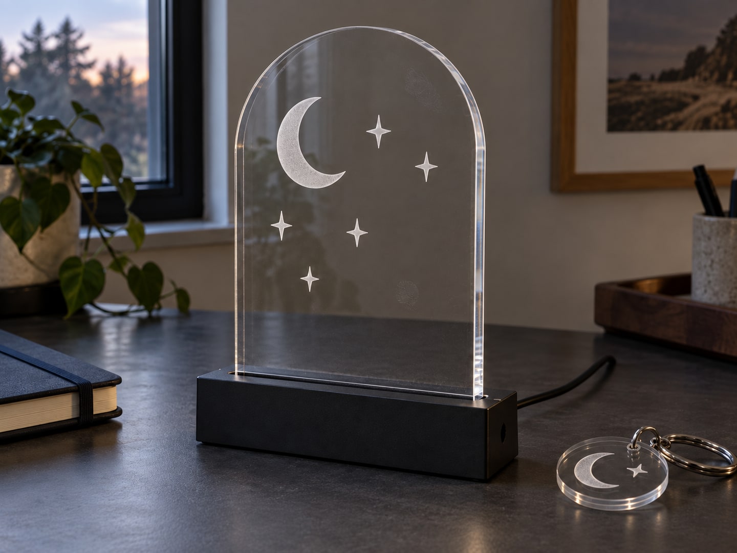 The same crescent-and-stars acrylic panel with the LED switched off, showing the continuous sheet and frosted markings