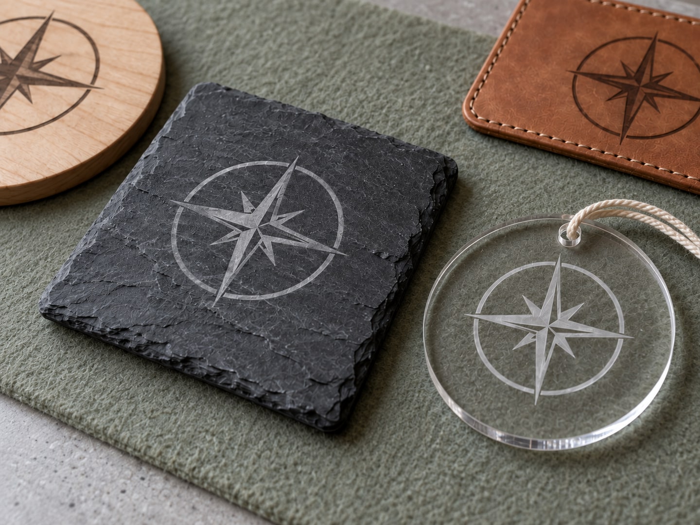Closer view of pale compass markings on rough slate and a continuous clear acrylic disc on the same sage felt