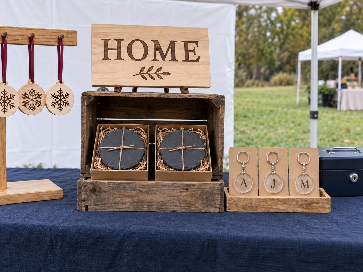 Close view of the same stall with the HOME sign above boxed coasters and A, J and M acrylic keychains in a low tray