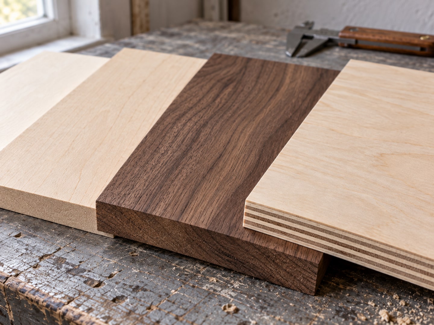 Closer view of solid wood endgrain beside the layered edge of plywood on the same workbench