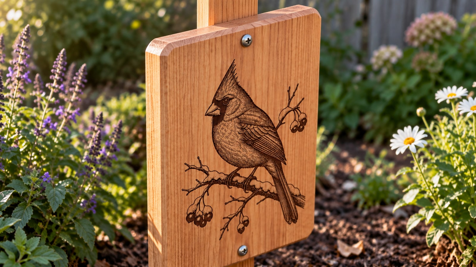 Angled close view of the same cedar cardinal plaque showing its beveled top edge, wood thickness and front screws into the center stake