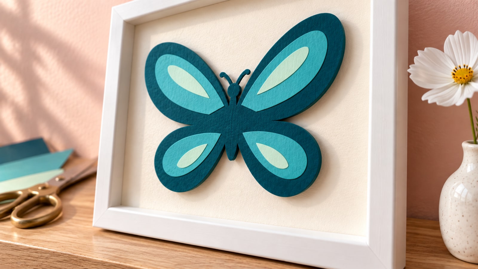 Angled close view of the same paper butterfly showing thin glued color layers and the shadow beneath its supported base