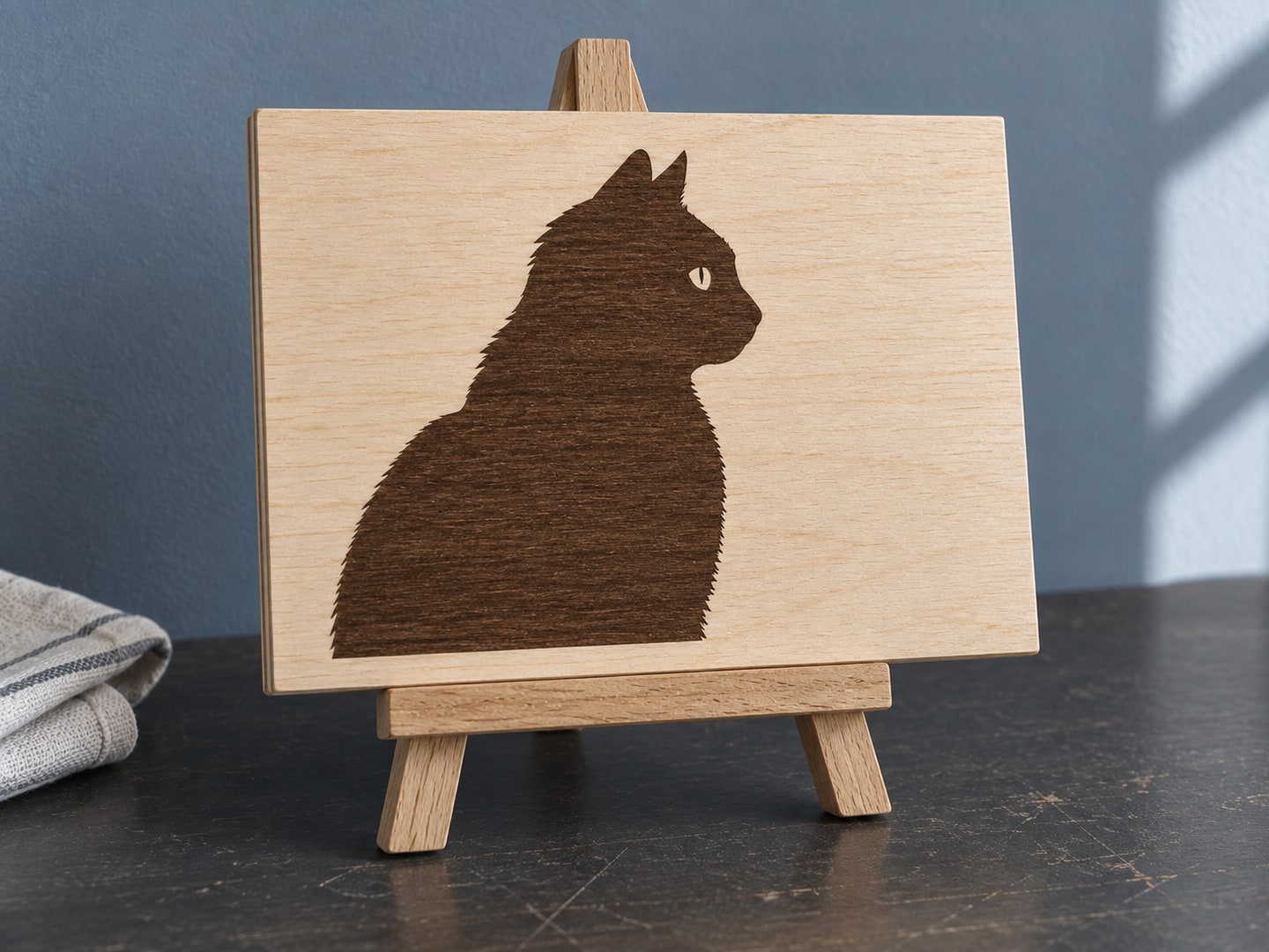The same cat silhouette shown as a flat dark engraving on an intact birch plywood plaque supported by a small easel