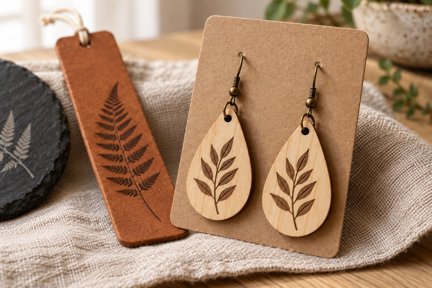 Close view of the same birch leaf earrings with brass jump rings through real top holes, beside the same fern bookmark and coaster