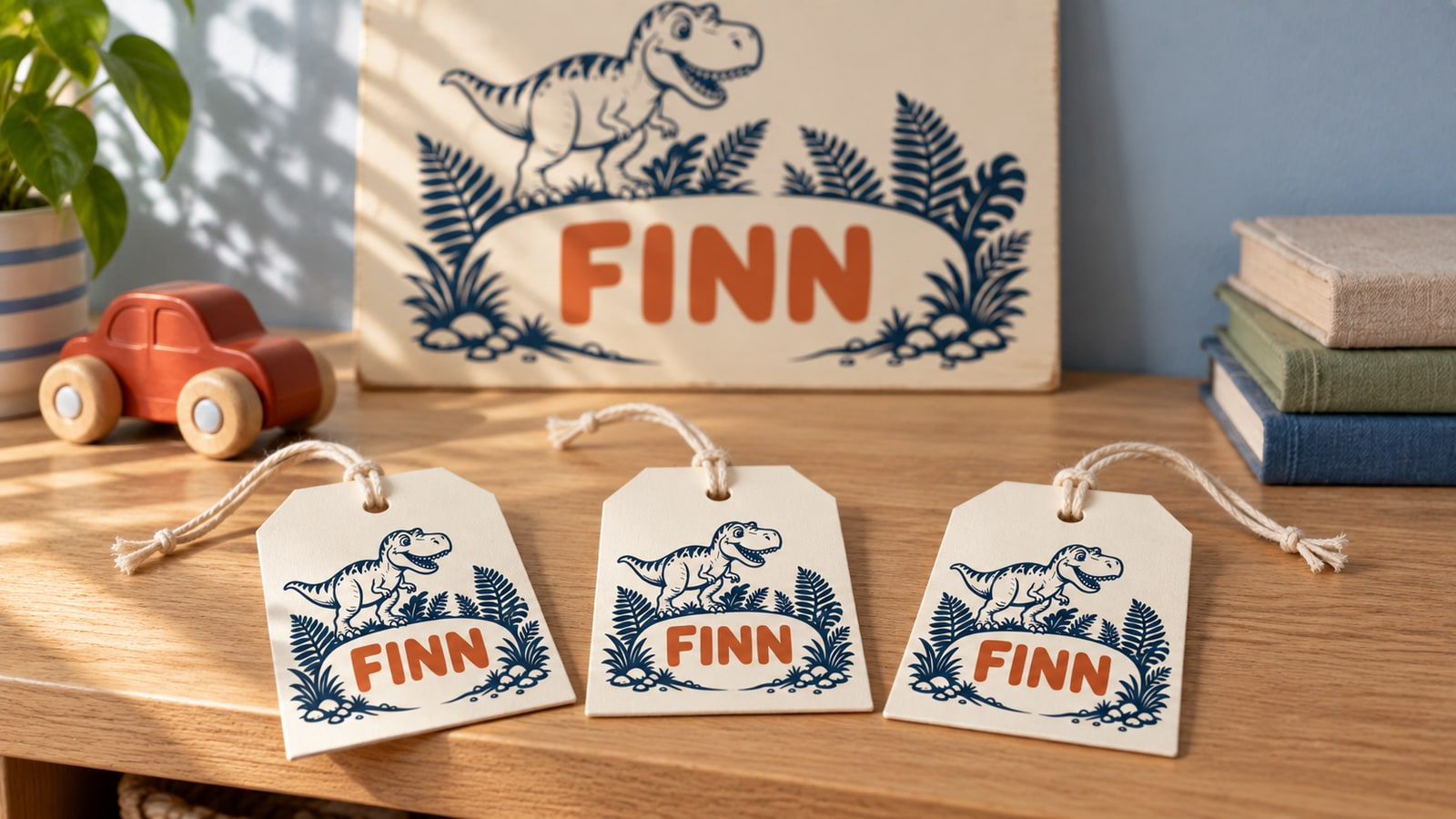 Three cream birthday favor tags repeat the same navy dinosaur artwork and rust-orange FINN name as the sign behind them