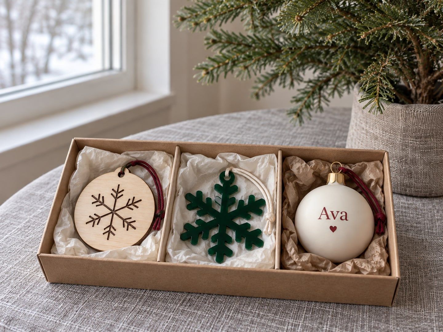 The same three ornaments packed separately in tissue-lined compartments of a kraft gift box