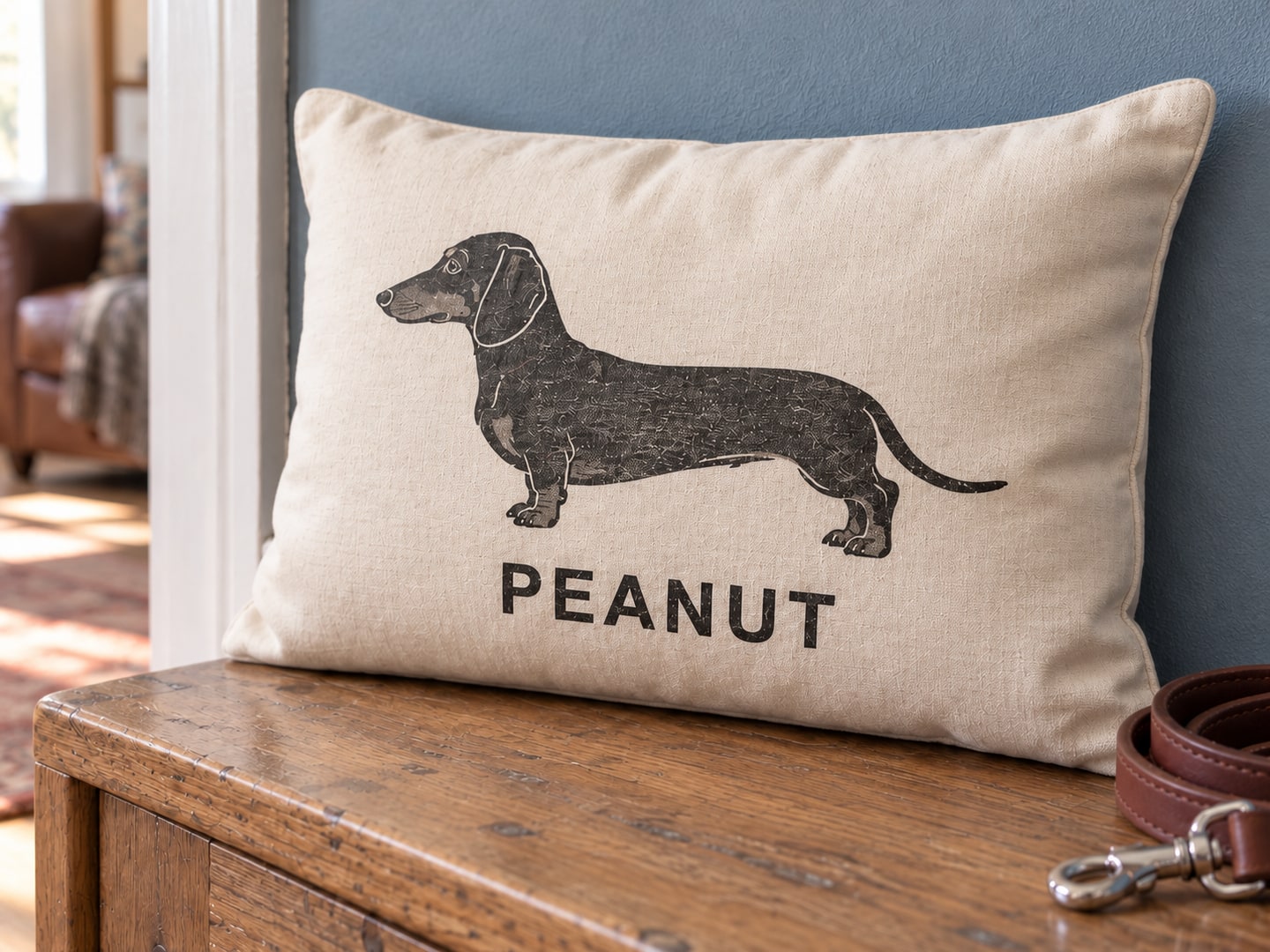 Closer view of the same PEANUT cushion showing the dachshund profile, bold name and distressed print following the cotton weave
