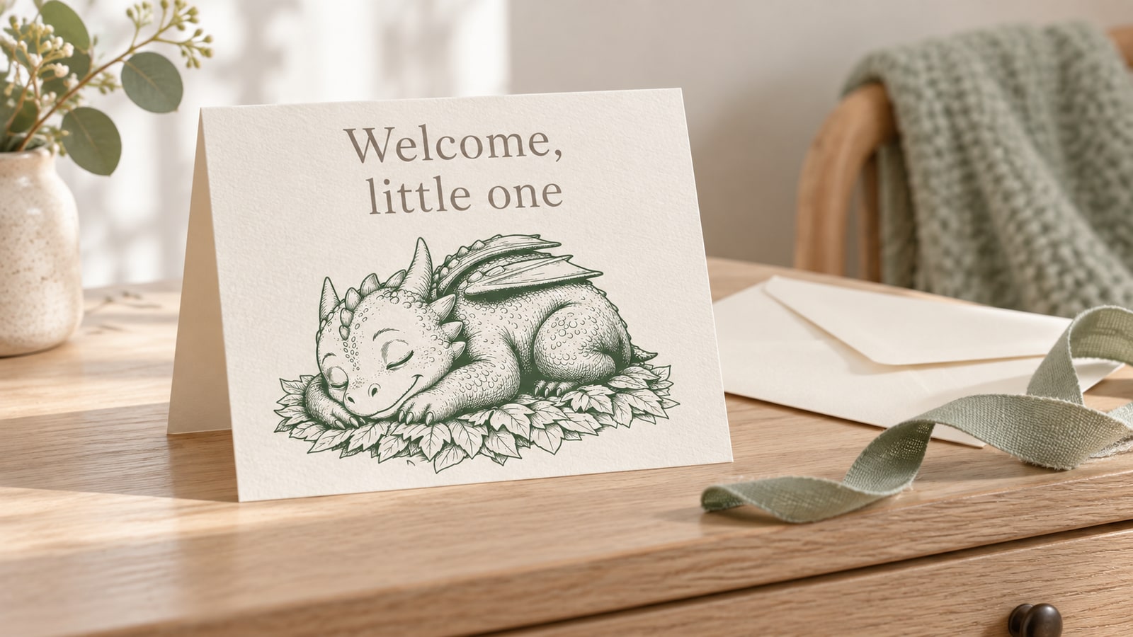 Cream Welcome little one card printed with a sleeping green hatchling, standing on an oak nursery dresser