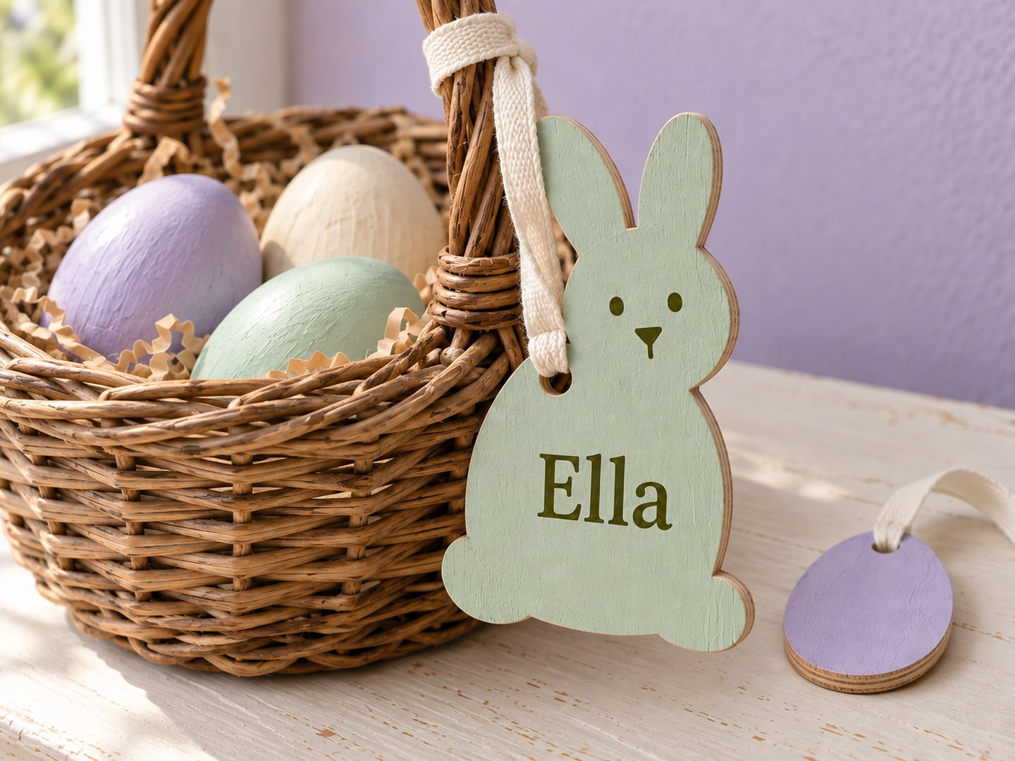 Close view of the same Ella bunny tag showing connected ears, painted facial details, plywood edge and ribbon through its shoulder hole