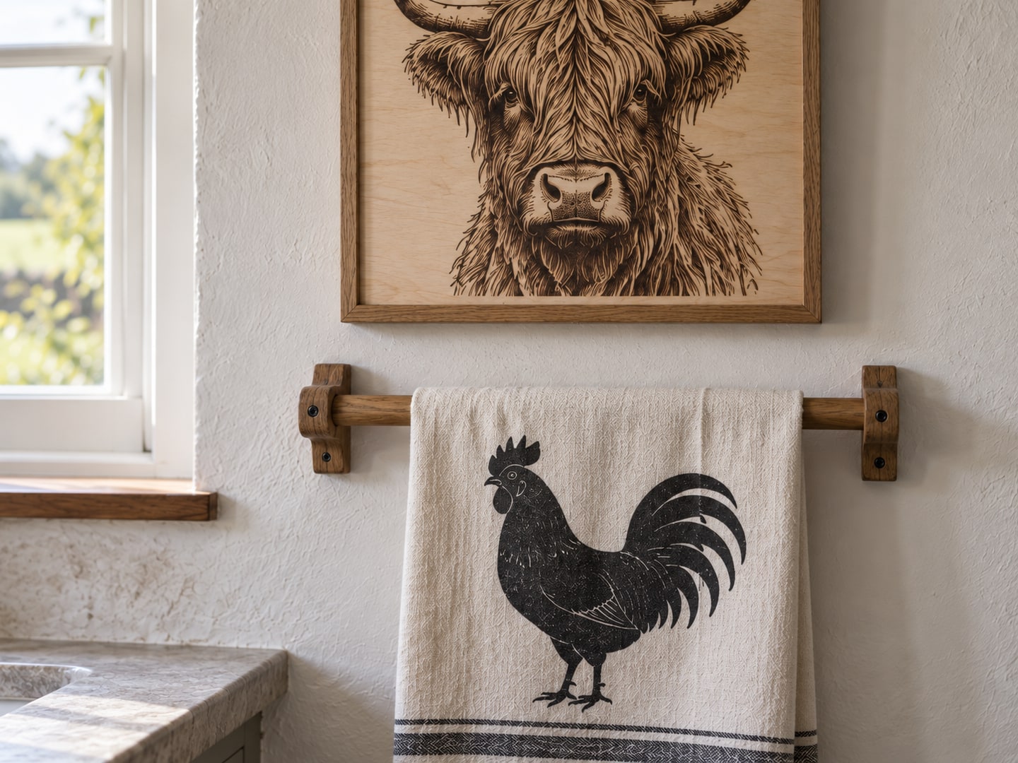 Closer view of the same Highland cow portrait and rooster towel, showing fine wood engraving beside a broad textile motif