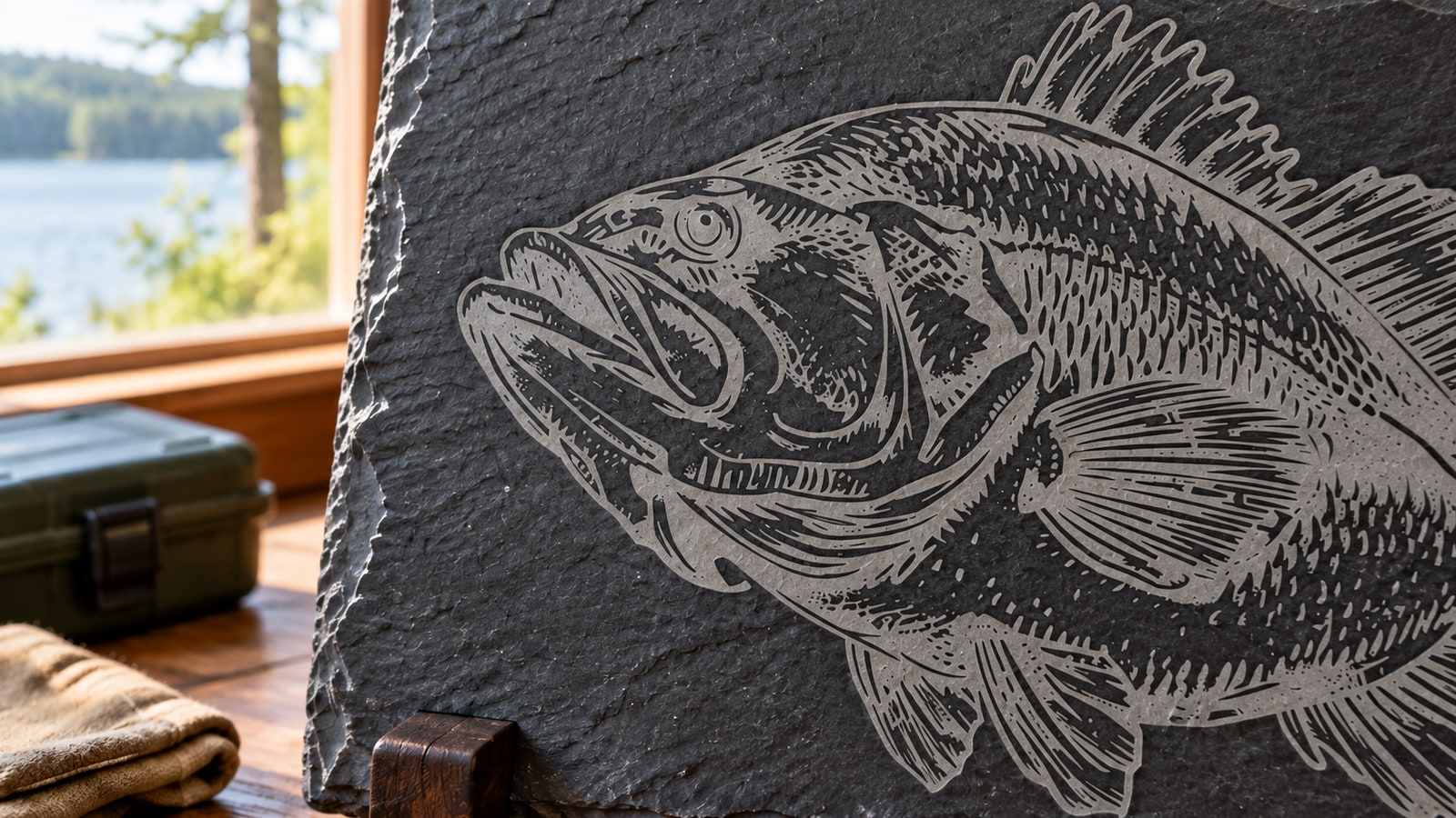 Angled close-up of the same slate bass plaque showing the open mouth, gill plate and flat pale markings