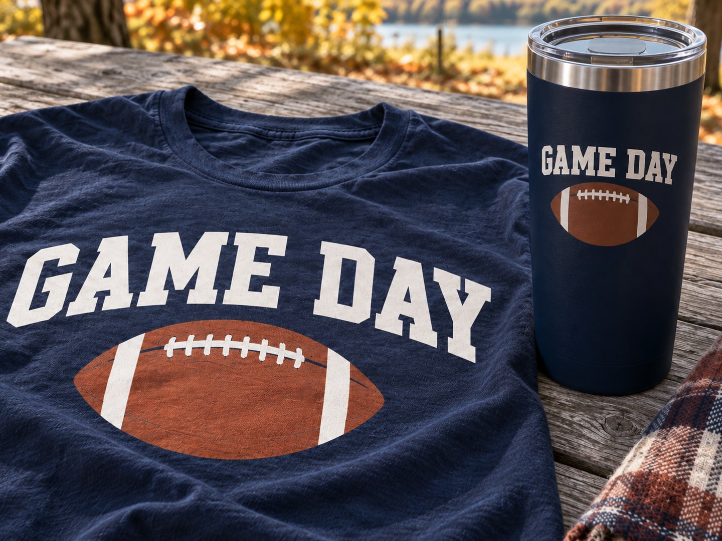 Closer view of the same GAME DAY graphics on wrinkled navy cotton and the smooth curved tumbler