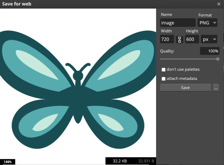 Actual Photopea Save for web dialog showing an original butterfly bitmap exported as PNG at 720 by 600 pixels