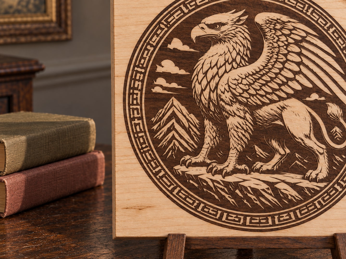 Close view of the same griffin engraving showing dark flat hatching, pale wood and the panel edge on its easel