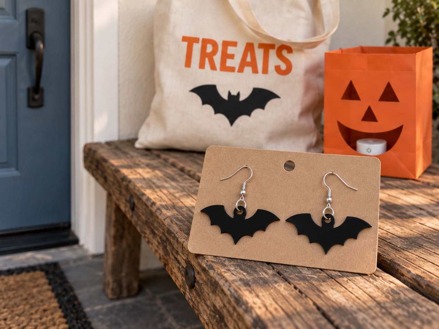 Black acrylic bat earrings with integral attachment tabs and silver jump rings, beside the matching tote and lantern