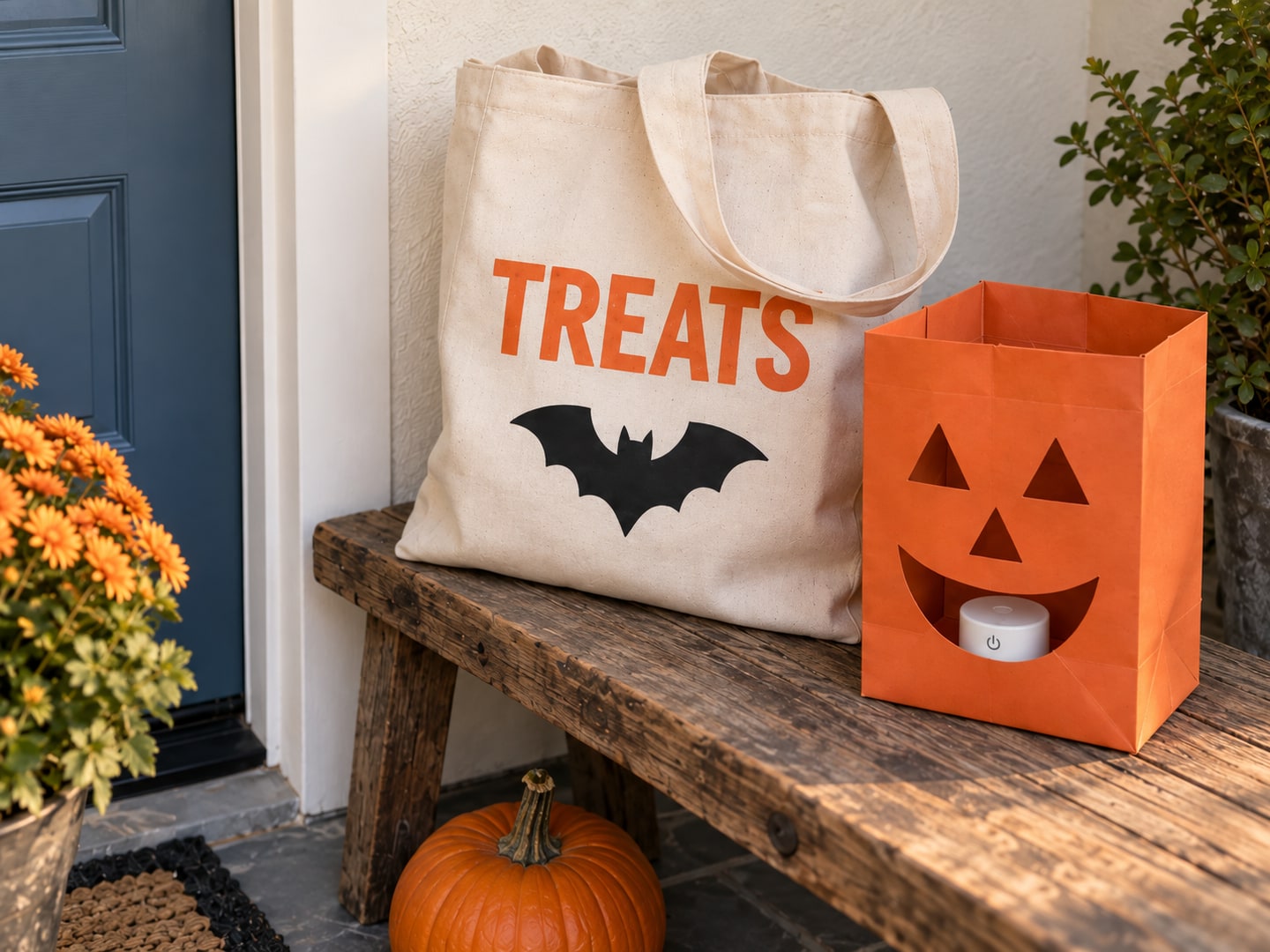 Close view of the same TREATS tote and folded paper lantern with a flat-top battery light