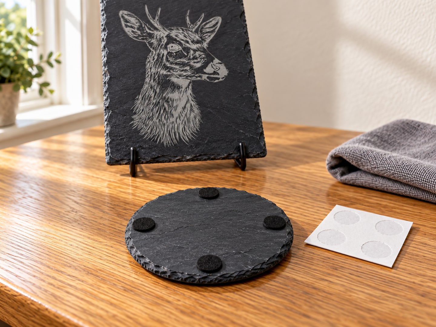 Underside of the same round slate coaster with four felt pads, beside the deer plaque and empty pad backing sheet