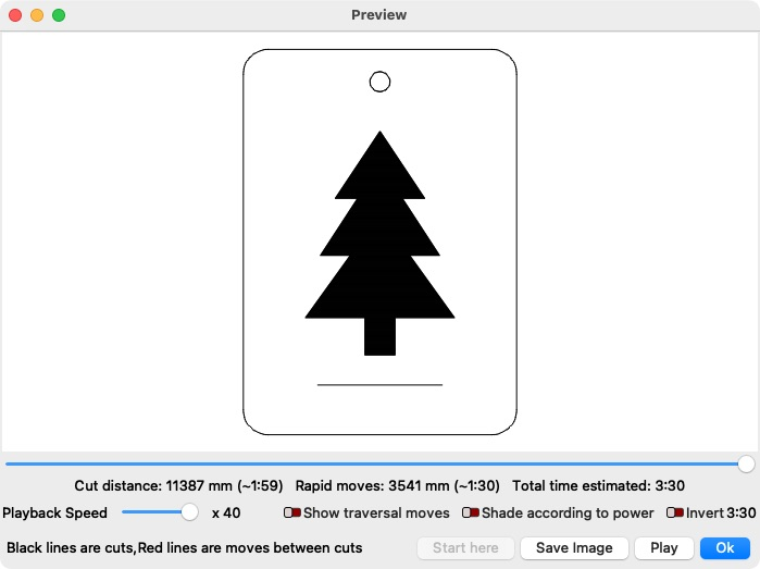 Genuine LightBurn Preview window with a filled pine tree and thin paths for the tag outline, top hole and score