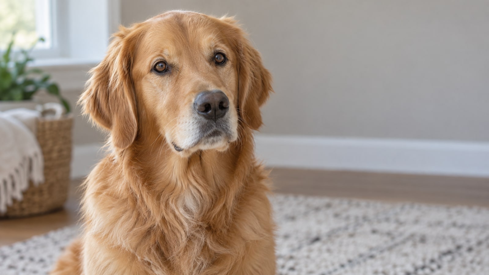 Golden retriever head and shoulders in soft window light, with clear eyes and a simple gray room background