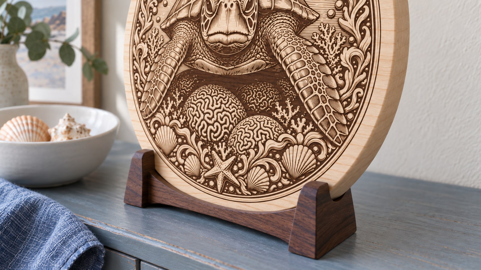 Close view of the same turtle medallion showing flat hatching, maple grain, plaque edge and walnut support