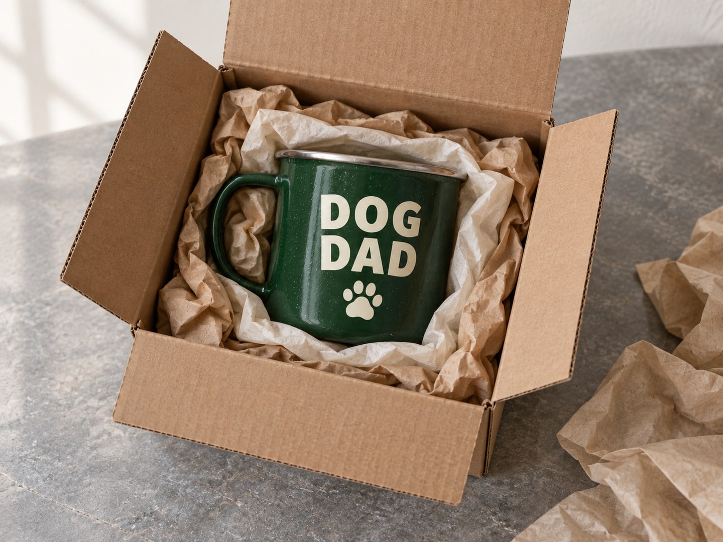 The same DOG DAD enamel mug nestled in tissue and crumpled kraft paper inside its mailing box