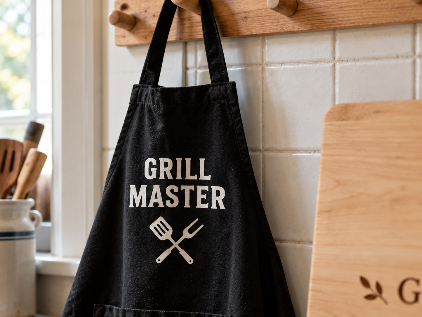 The same black canvas apron on its wooden peg with bold white GRILL MASTER lettering and crossed utensils