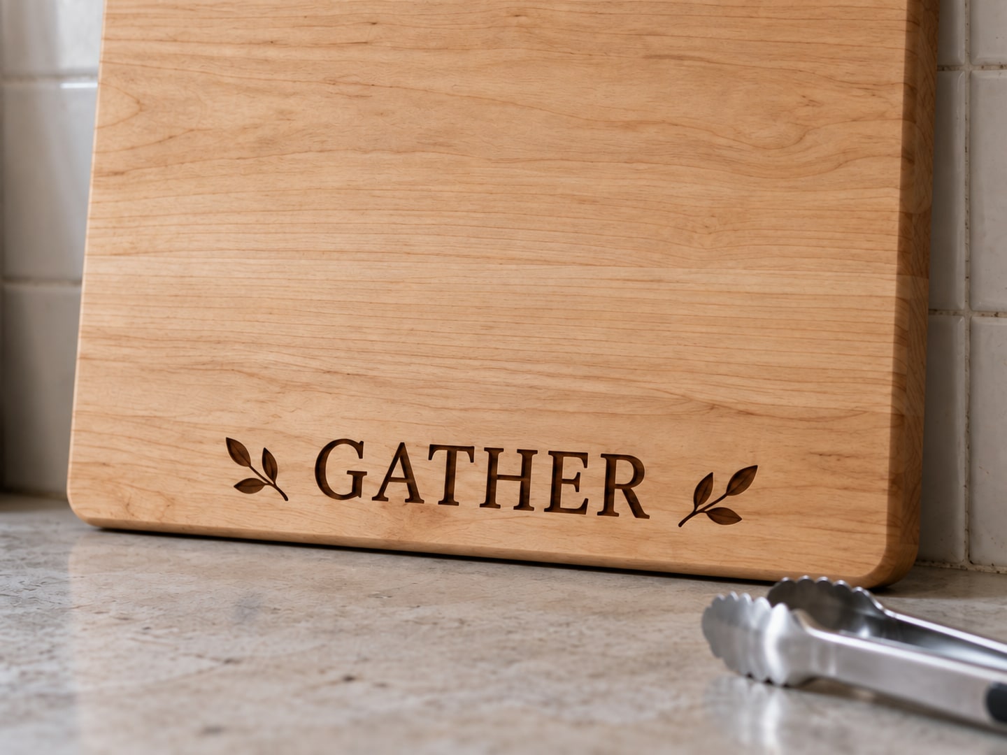Close view of the same GATHER board showing the carved lettering confined to the lower edge and blank wood above