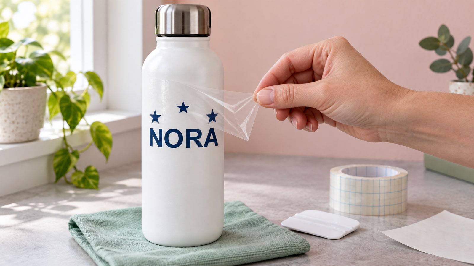 A hand peeling clear transfer film from the same NORA bottle while the navy vinyl stays on its surface