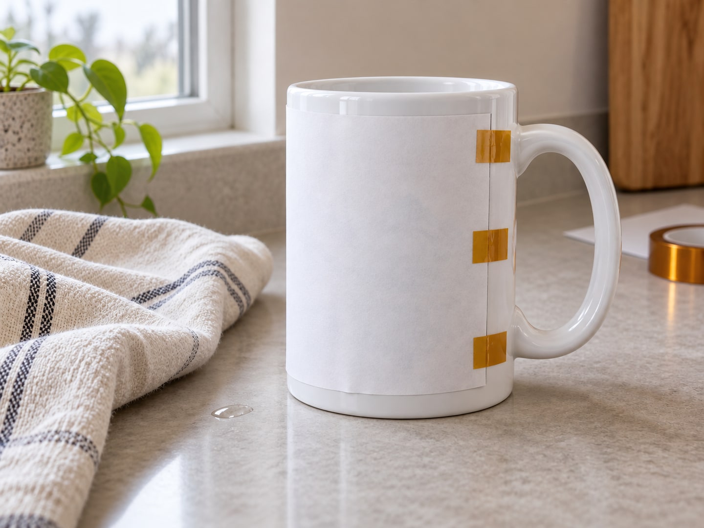 The same white mug wrapped snugly in transfer paper, with three amber tape tabs holding its edge beside the handle