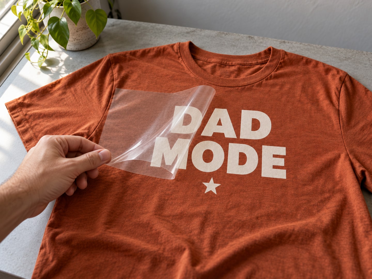 A hand peeling the clear carrier low over itself from the same DAD MODE shirt while the lettering stays on the fabric