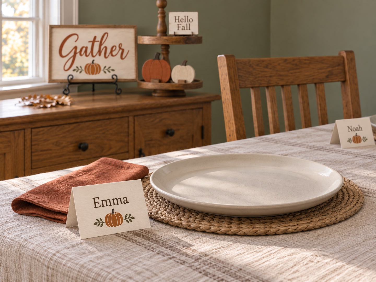 Emma pumpkin place card and terracotta napkin at a table with the same Gather sign and pumpkin tray in the background