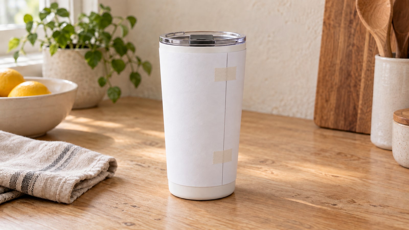 The same tapered tumbler covered by a snug plain paper template with two pieces of tape holding its front-right seam