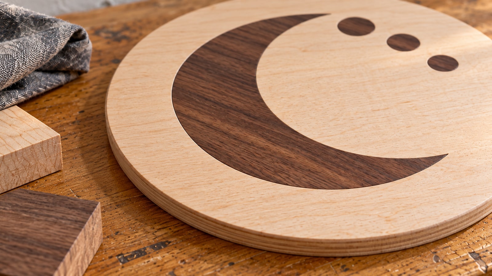 Close view of the same walnut crescent in maple showing the flush seam and supporting plywood edge