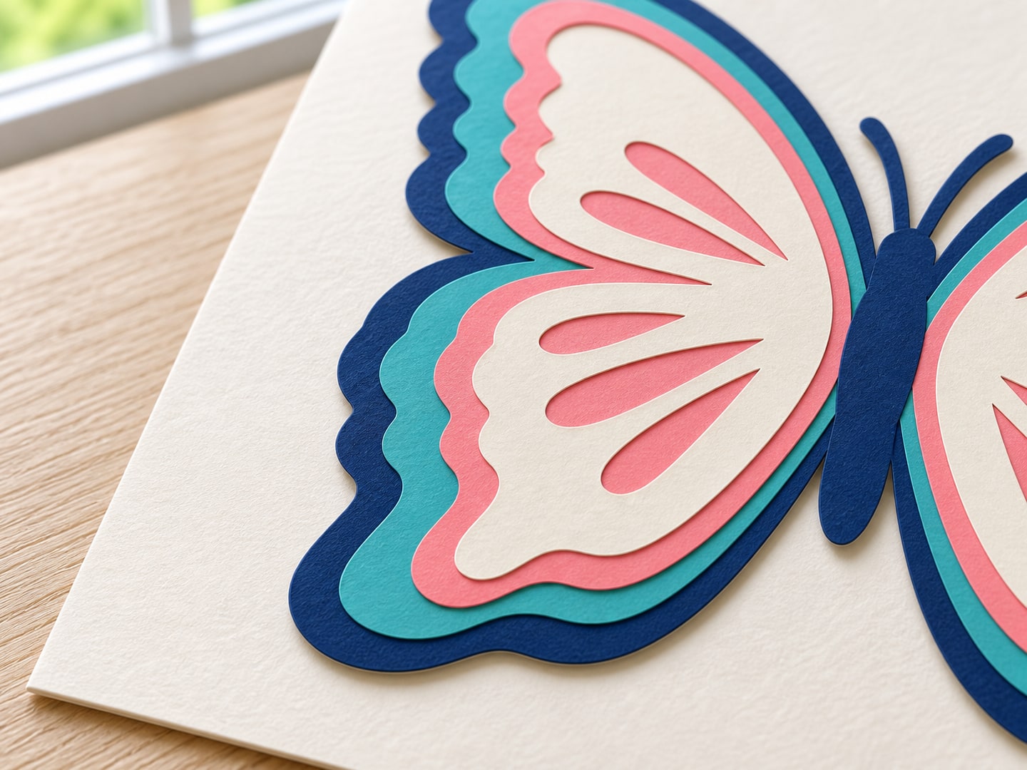 Close view of the same paper butterfly, showing navy, teal, coral and ivory layers at the wing edge, with coral visible through the ivory cutouts