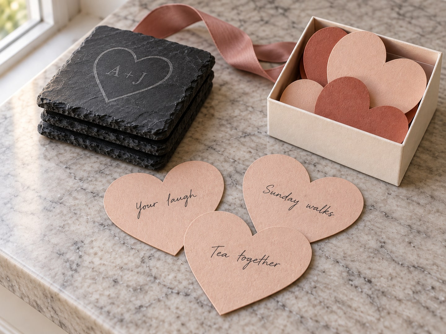 Matching blush heart cards reading Your laugh, Sunday walks and Tea together beside the same slate coaster set