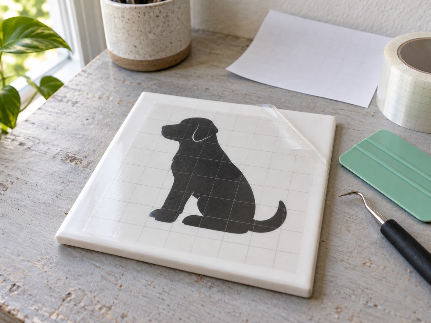 The same dog decal on the white tile under translucent gridded transfer tape, with one tape corner lifted