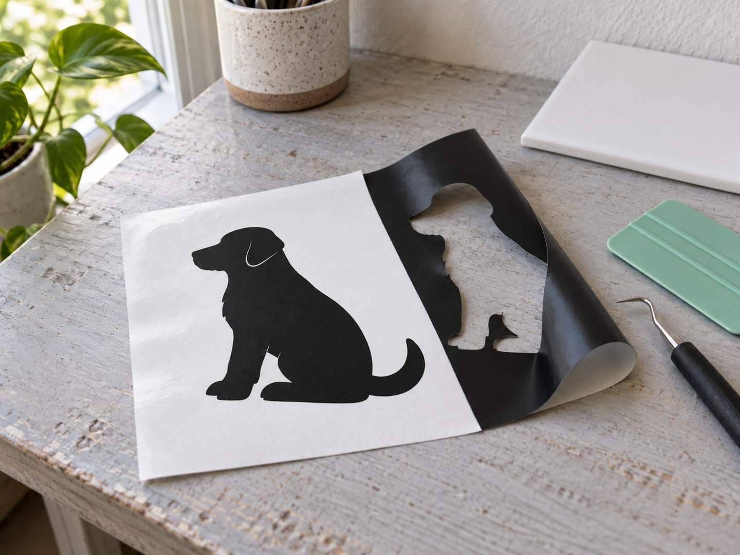 The same black dog decal remains flat on white release paper after the surrounding vinyl waste is peeled away