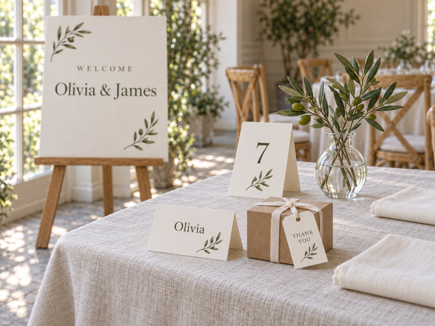 Matching number 7 card, Olivia place card and ribbon-tied favor box with thank-you tag in the same wedding room