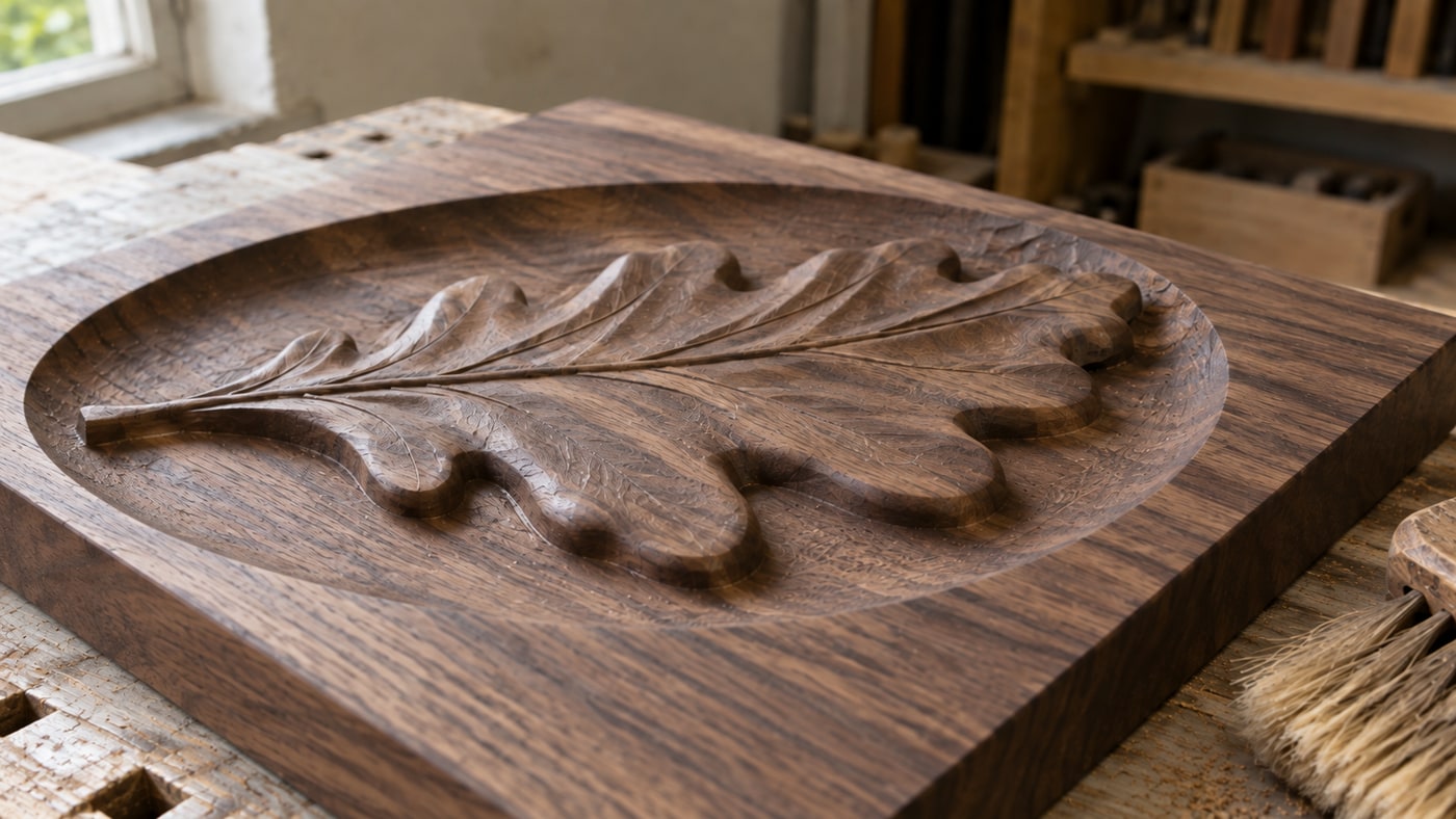 Lower close view of the same walnut oak-leaf relief showing rounded lobes, central vein and recessed background