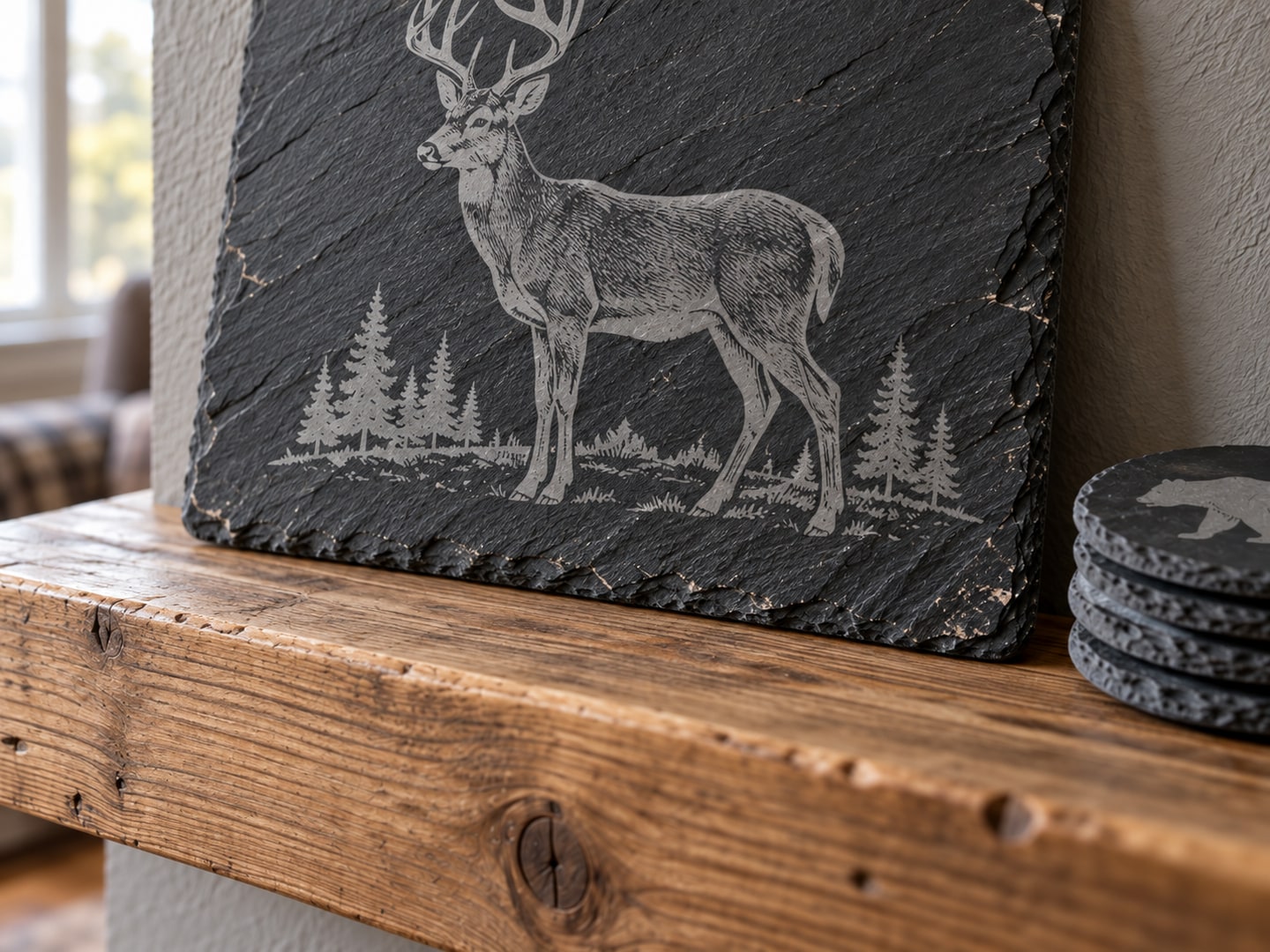Close view of the same buck plaque showing pale engraving over slate texture, its cleaved edge and firm contact with the pine shelf